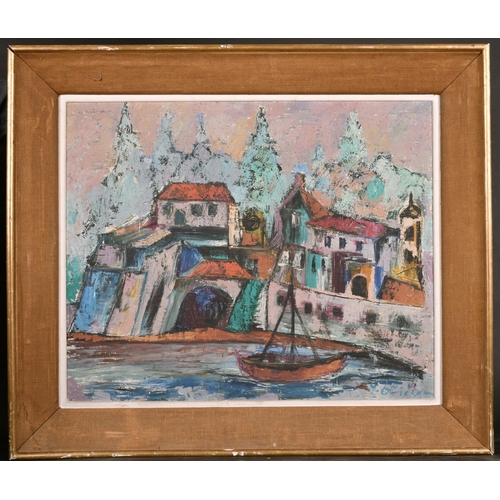 394 - 20th Century European School. A Harbour Scene, Oil on Board, Indistinctly Signed, 23” x 28.5” (58.4 ... 