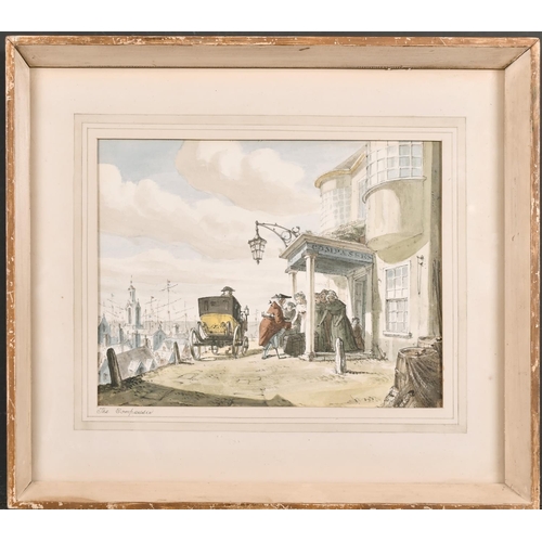 42 - Follower of John Nixon (c.1750-1818) British. “The Compasses”, Figures with a Carriage, Watercolour ... 