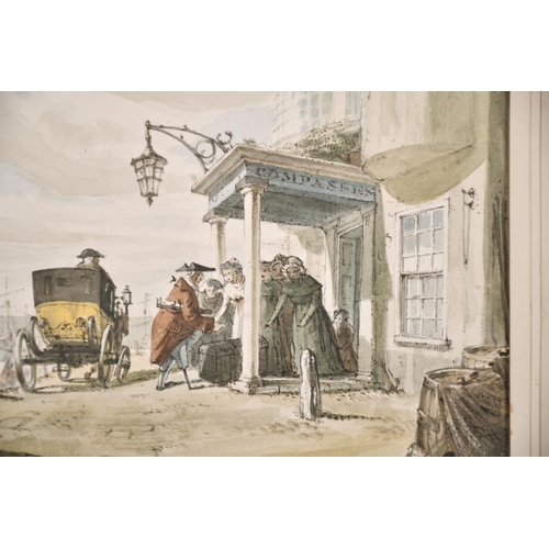 42 - Follower of John Nixon (c.1750-1818) British. “The Compasses”, Figures with a Carriage, Watercolour ... 