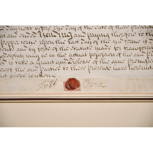 48 - Richard Owen (18th Century) British. His Indenture, Ink, with Wax Seal, Signed, 13.25” x 18” (33.6 x... 