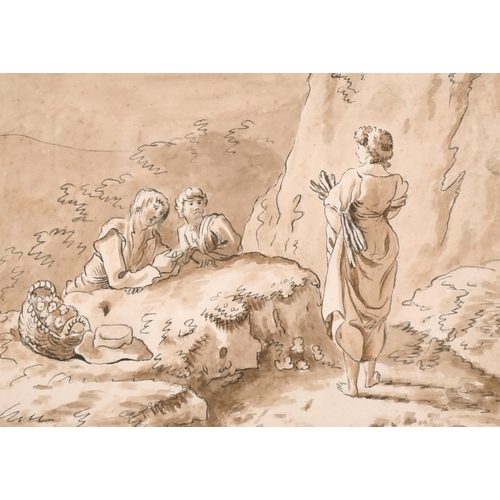 50 - 18th Century English School. Figures in a Landscape, Ink and Wash, 4.5” x 6.25” (11.3 x 15.8cm) and ... 