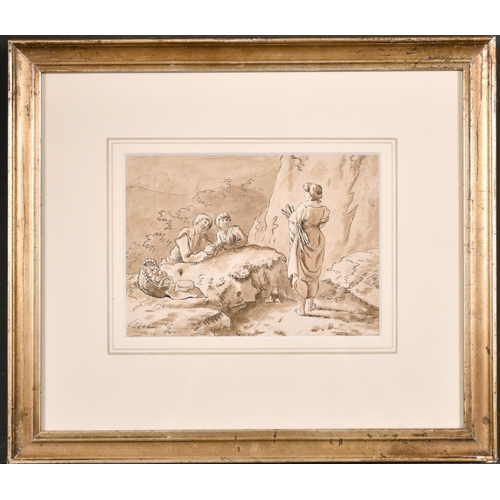 50 - 18th Century English School. Figures in a Landscape, Ink and Wash, 4.5” x 6.25” (11.3 x 15.8cm) and ... 