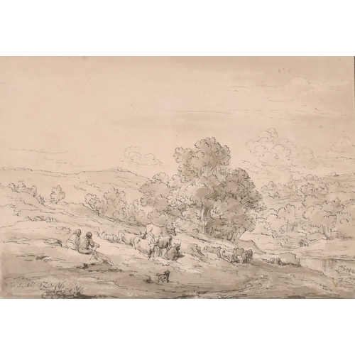 56 - Alessandro Maffei (c.1790-1859) Italian. River Landscape with Drover and Cattle, Ink and Wash, Signe... 