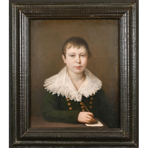 69 - Early 19th Century French School. Bust Portrait of a Young Boy wearing a Green Coat and White Shirt ... 