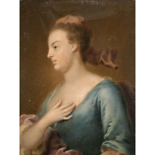 70 - Early 18th Century European School. Bust Portrait of a Lady in profile wearing a Blue Dress, Oil on ... 