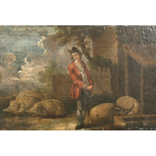 72 - Circle of Francis Hayman (c.1708-1776) British. Study of a Man in a Farmyard with Pigs, Oil on Canva... 