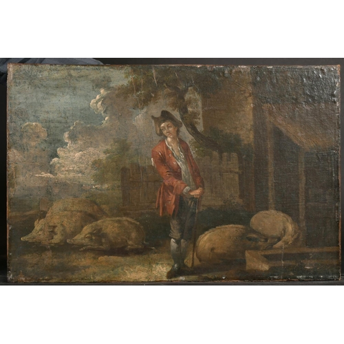 72 - Circle of Francis Hayman (c.1708-1776) British. Study of a Man in a Farmyard with Pigs, Oil on Canva... 