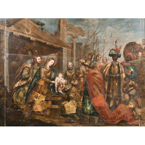 73 - 18th Century Dutch School. Adoration of the Magi, Oil and Mother of Pearl on Panel, 23.5” x 31” (59.... 