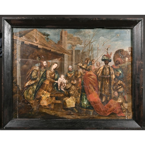 73 - 18th Century Dutch School. Adoration of the Magi, Oil and Mother of Pearl on Panel, 23.5” x 31” (59.... 