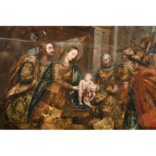 73 - 18th Century Dutch School. Adoration of the Magi, Oil and Mother of Pearl on Panel, 23.5” x 31” (59.... 