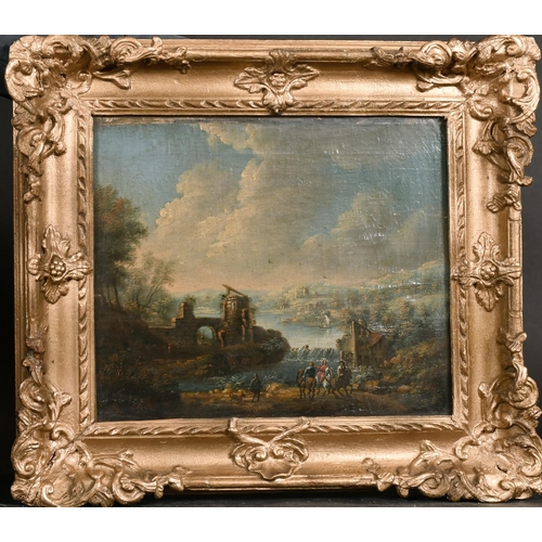 74 - 18th Century Dutch School. Travellers in a Classical Landscape, Oil on Canvas laid down, 11.5” x 13.... 