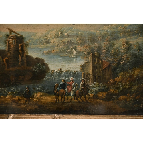 74 - 18th Century Dutch School. Travellers in a Classical Landscape, Oil on Canvas laid down, 11.5” x 13.... 