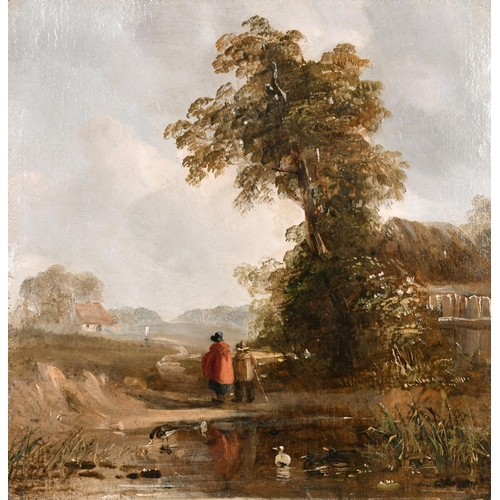 80 - Circle of John Constable (1776-1837) British. Figures on a Path in a River Landscape, Oil on Board, ... 