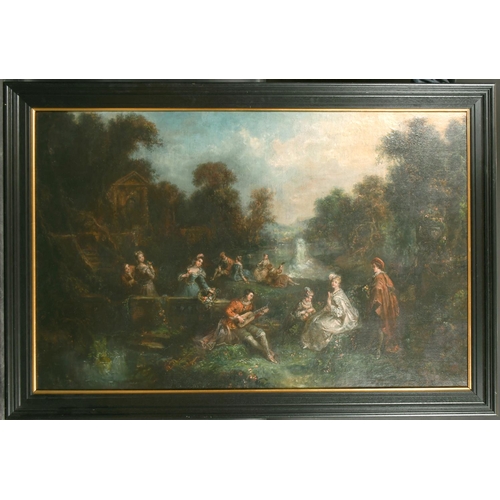 88 - Manner of Jean-Antoine Watteau (1684-1721) French. A Musical Soiree, Oil on Canvas, 35.5” x 54” (90 ... 