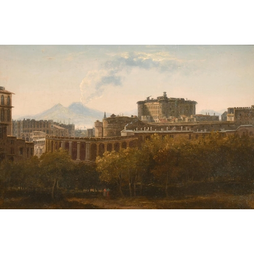 90 - 19th Century Italian School. Maschio Angioino Castle, Naples looking towards Vesuvius, Oil on Canvas... 