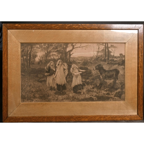 95 - 19th Century English School. Three Young Girls with an Obstinate Donkey, Engraving, 13.25” x 25.5” (... 