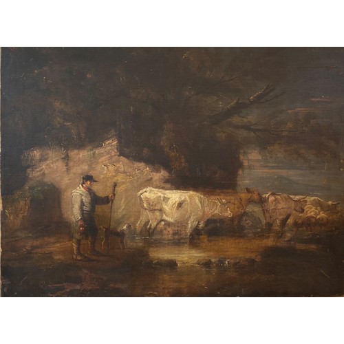 81 - Circle of Benjamin Barker of Bath (1776-1838) British. A Drover and Cattle in a River Landscape, Oil... 