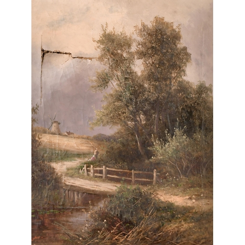 101 - P Leslie (19th - 20th Century) British. A River Landscape with Figures, a Windmill in the distance, ... 