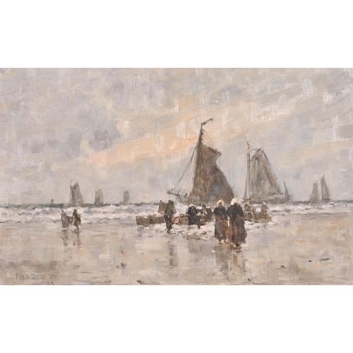 119 - Frederick Dade (1874-1908) British. A Beach Scene with Busy Shipping Beyond, Oil on Canvas, Signed, ... 