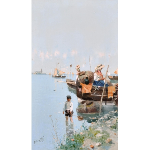 184 - Camillo Bortoluzzi (1868-1933) Italian. An Estuary Scene with Figures in Boats and a Young Boy Fishi... 