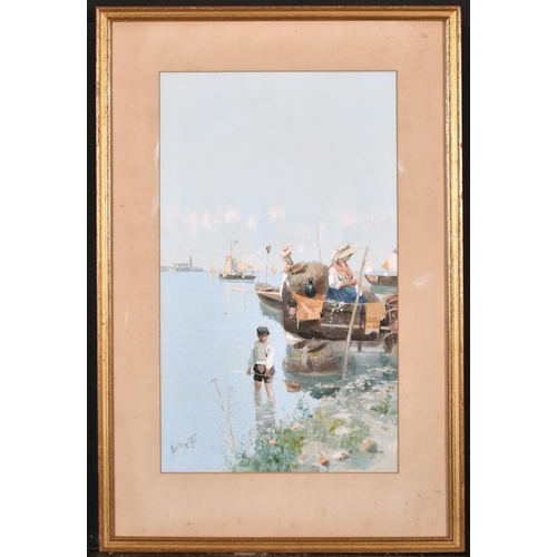 184 - Camillo Bortoluzzi (1868-1933) Italian. An Estuary Scene with Figures in Boats and a Young Boy Fishi... 