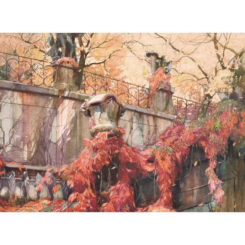 187 - Charles Cerney (1892-1965) Czech. 'Virgina Creeper Beneath the Railings of an Elegant Street', Water... 
