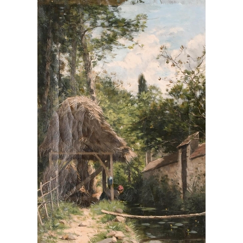 226 - Adrien Jacques Souzay (1841-1928) French. A Hay Store by the River's Edge with a Lady Washing, Oil o... 