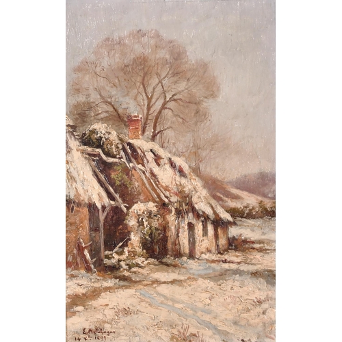227 - Eugene Jules Delahogue (1867-1934) French. A Snow-Covered Cottage in a Landscape, Oil on Panel, Sign... 