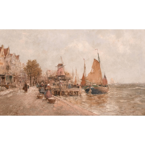 228 - Karl Wagner (1839-1923) German. A Harbour Scene with Figures with Moored Boats beyond, Oil on Canvas... 