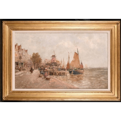 228 - Karl Wagner (1839-1923) German. A Harbour Scene with Figures with Moored Boats beyond, Oil on Canvas... 