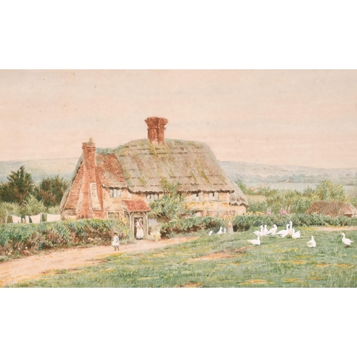 61 - Circle of Helen Allingham (1848-1926) British. A Mother and Children with Geese by a Thatched Cottag... 