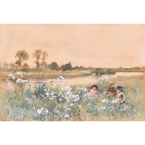 71 - Hector Caffieri (1847-1932) British. Young Children collecting Flowers on the Riverbank, Watercolour... 