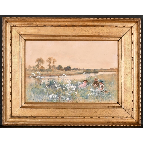 71 - Hector Caffieri (1847-1932) British. Young Children collecting Flowers on the Riverbank, Watercolour... 
