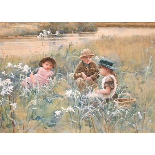 71 - Hector Caffieri (1847-1932) British. Young Children collecting Flowers on the Riverbank, Watercolour... 