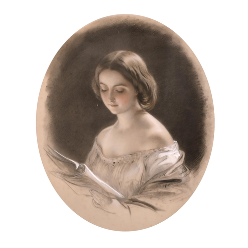 73 - 19th Century English School. Study of a Girl Reading, Chalk, Oval, 17.75