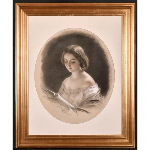 73 - 19th Century English School. Study of a Girl Reading, Chalk, Oval, 17.75