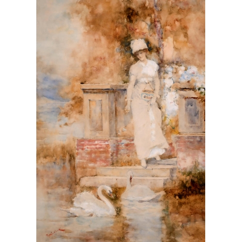 79 - David Woodlock (1842-1929) British. An Elegant Lady feeding the Swans, Watercolour, Signed, 13.25