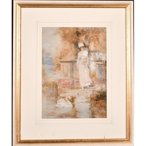 79 - David Woodlock (1842-1929) British. An Elegant Lady feeding the Swans, Watercolour, Signed, 13.25