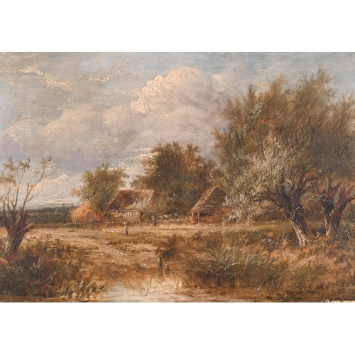 82 - Joseph Thors (1835-1920) British. A River Landscape with Figures by Farm Buildings, Oil on Panel, Si... 