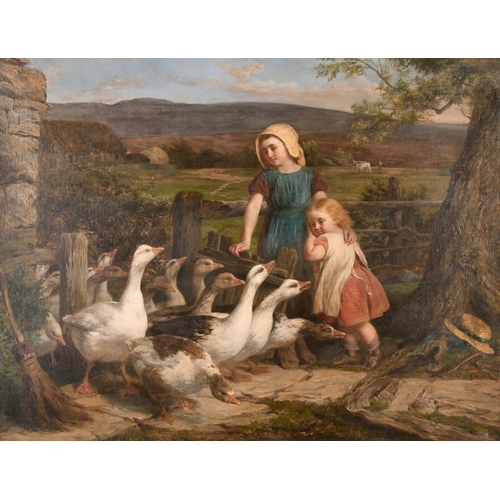 89 - George Augustus Holmes (1822-1911) British. A Farmyard Scene with Young Children Feeding Geese, Oil ... 