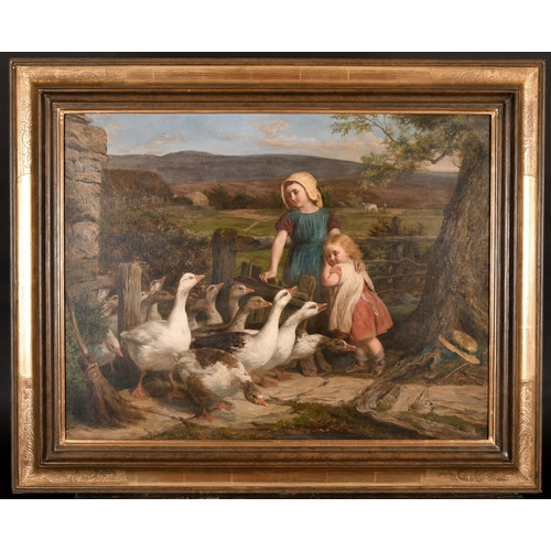 89 - George Augustus Holmes (1822-1911) British. A Farmyard Scene with Young Children Feeding Geese, Oil ... 