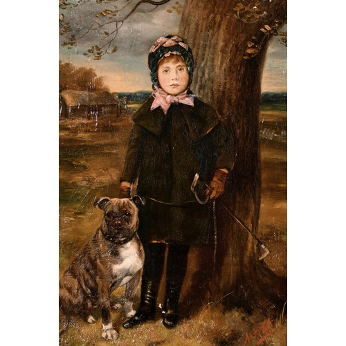 91 - Francis Cecil Boult (act.1877-1895) British. A Young Girl with a Riding Crop holding a Dog, Oil on C... 
