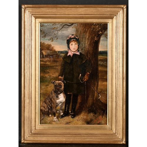 91 - Francis Cecil Boult (act.1877-1895) British. A Young Girl with a Riding Crop holding a Dog, Oil on C... 