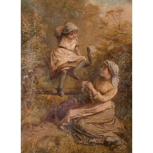 92 - Jane Maria Bowkett (1839-1891) British. Young Girls Making a Daisy Chain, Oil on Canvas, Signed with... 