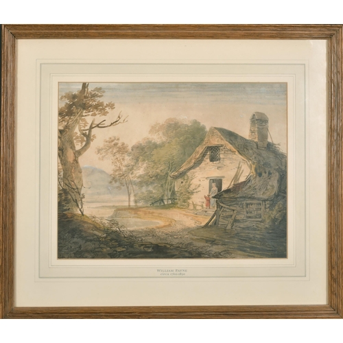 30 - William Payne (c.1760-1830) British. A River Landscape with a Mother and Child by a Thatched Cottage... 