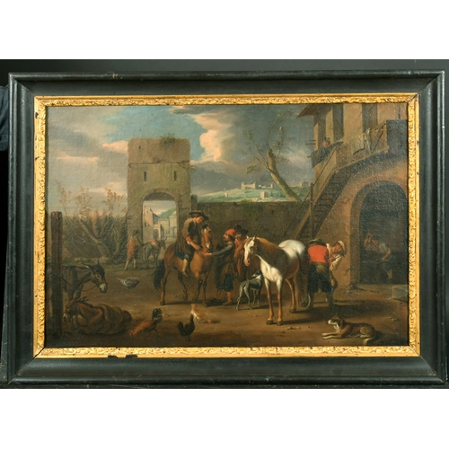 50 - Circle of Jacob de Heusch (1657-1701) Dutch. Travellers at an Inn, Oil on Canvas, 16