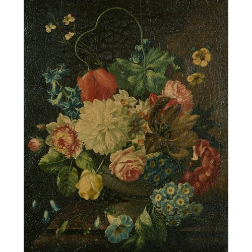 51 - 19th Century European School. Still Life of Flowers in an Urn, Oil on Canvas, 15.5