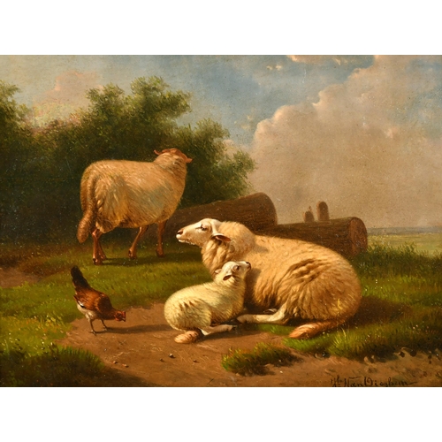 179 - Joseph van Dieghem (1843-1885) Belgian. Sheep and a Chicken in a Landscape, Oil on Panel, Signed, 8.... 