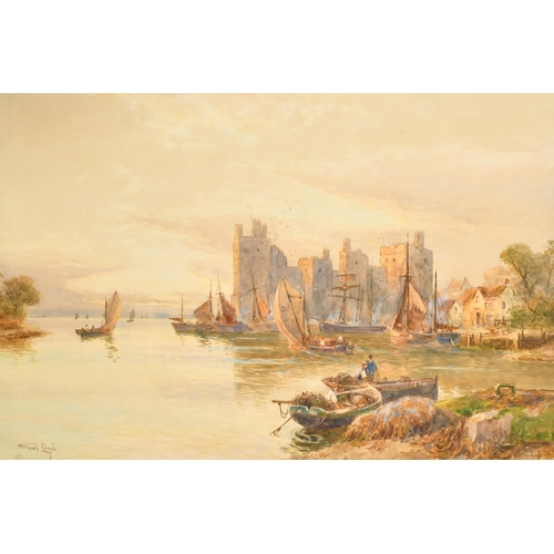 104 - Walter Stuart Lloyd (1845-1959) British. A River Scene with Figures in Boats and Carnarvon Castle in... 