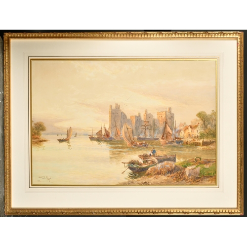 104 - Walter Stuart Lloyd (1845-1959) British. A River Scene with Figures in Boats and Carnarvon Castle in... 